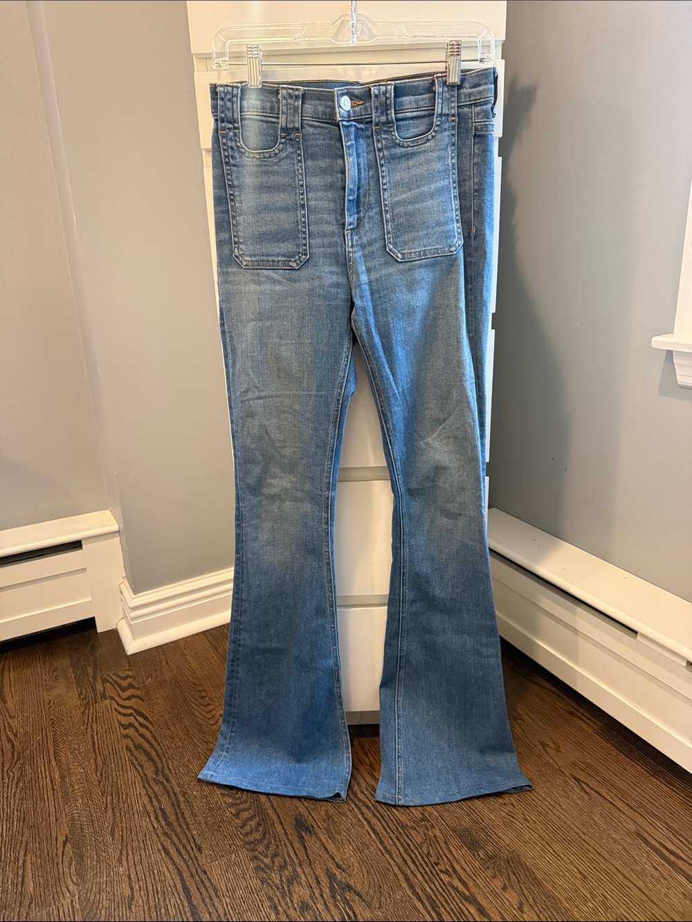 Veronica Beard Light Blue Flare Jeans with Front Patch Pockets